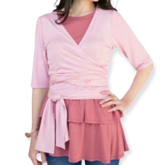 AGNES & DORA Wrap Around Top Pink Sand Deep V Neckline Half Sleeve New - Picture 2 of 10